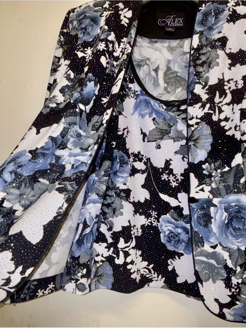Alex Evenings Black and Blue Floral Jacket and Shell Set sz XL